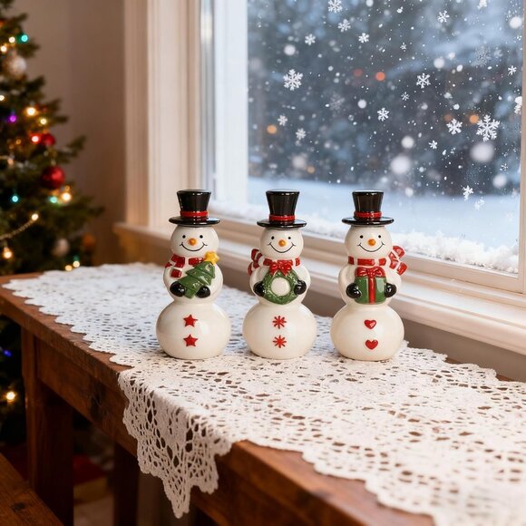Set Of 3 Ceramic Cute Snowman Ornaments Christmas Decorations For Table - Picture 6 of 7